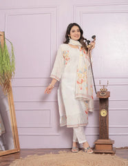 Attractive White Silk Hand Work With Printed Kurti Set