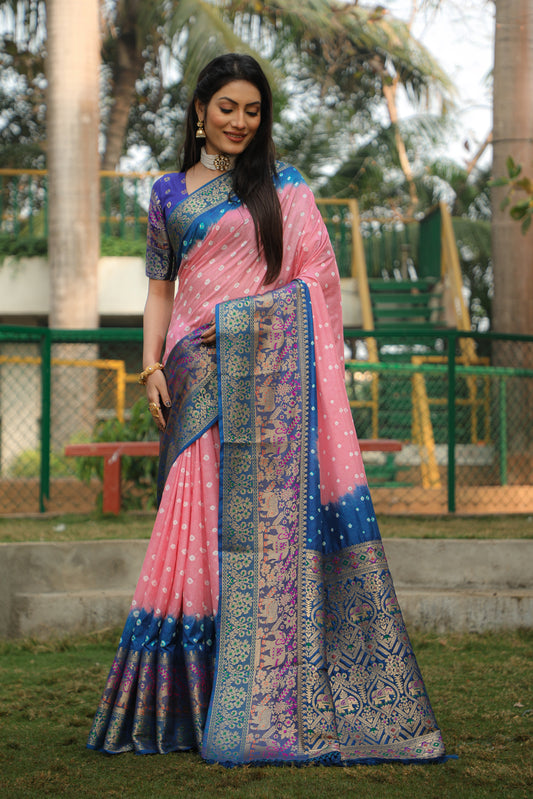 Wonderful Bandhani Blue With Peach Kanjivaram Silk Saree