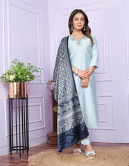 Casual Wear Round Neck Sky Color Kurti Set With Silk Dupatta