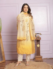 Exclusive Yellow Silk Hand Work With Printed Kurti Pair