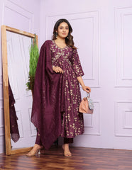 Innovative Wine Color Aalia Cut Kurta Set With Dupatta