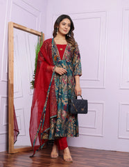 Lovely Rama Multi Print With Red V Neck Round Kurti Set