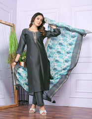 Amazing Grey Hand Work Kurti Set Printed Dupatta