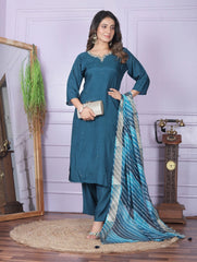 Attractive Teal Blue Salwar Suit With Leheriya Dupatta