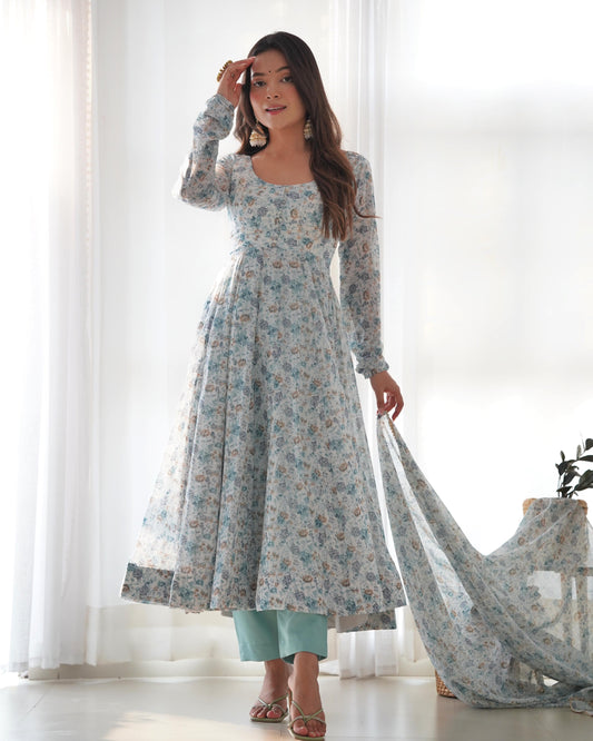 Flower Print Exclusive Fully Flair Sky Blue Color Anarkali Suit