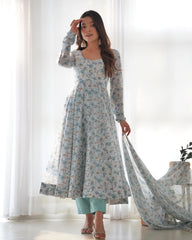 Flower Print Exclusive Fully Flair Sky Blue Color Anarkali Suit