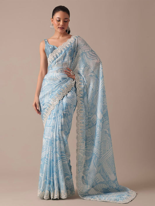 Fantastic Digital Prints Sky Blue Color Saree