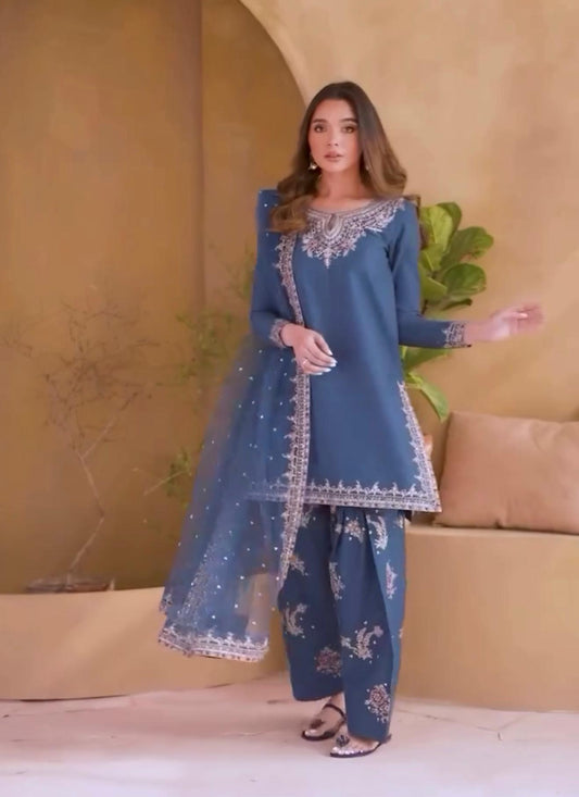 Pretty Blue Crepe Sequence Work Punjabi Style Palazzo Suit