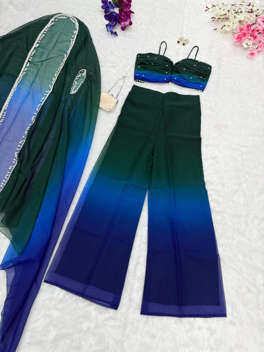 Unique Double Shaded Green Color Palazzo Top With Shrug