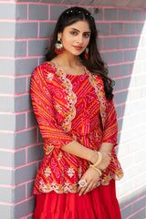 Function Wear Bandhej Red Color Top With Lehenga With Koti