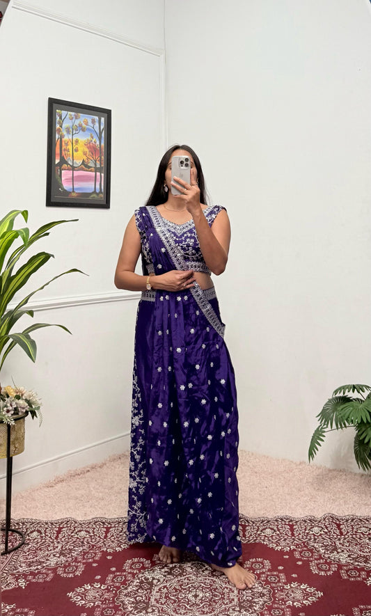 Party Wear Embroidery Work Navy Blue Color Palazzo Set