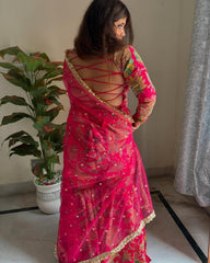 Flattering Embroidery Work Multi Pink Color Sharara Suit