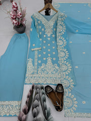 Elegant Embroidered Sky Blue Color Palazzo Suit Set