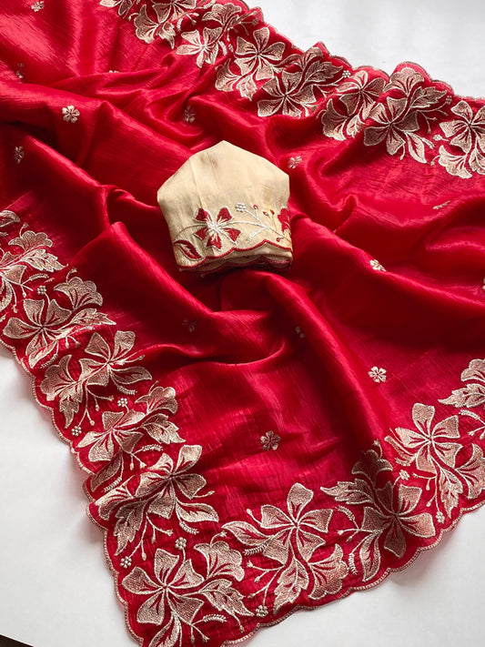 Festive Wear Red Color Flower Embroidery Silk Saree