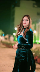 Delightful Viscous Velvet Teal Blue Color Skirt With Blouse