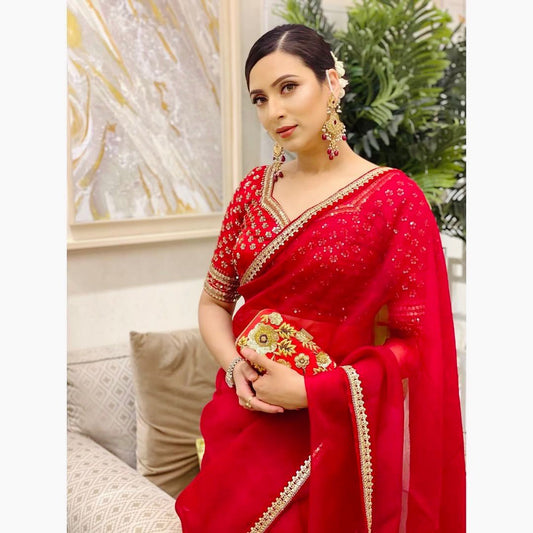 Function Wear Organza Silk Red Color Saree