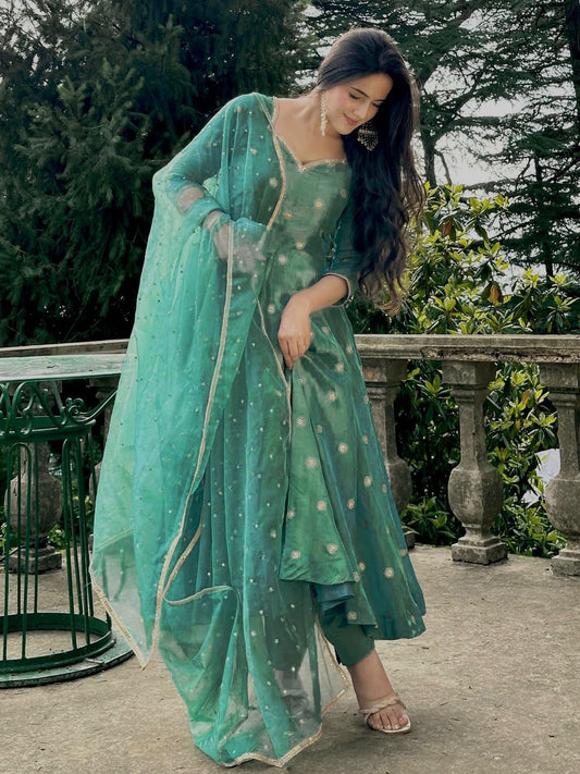 Adorable Green Simmer Silk Embroidery Anarkali Suit