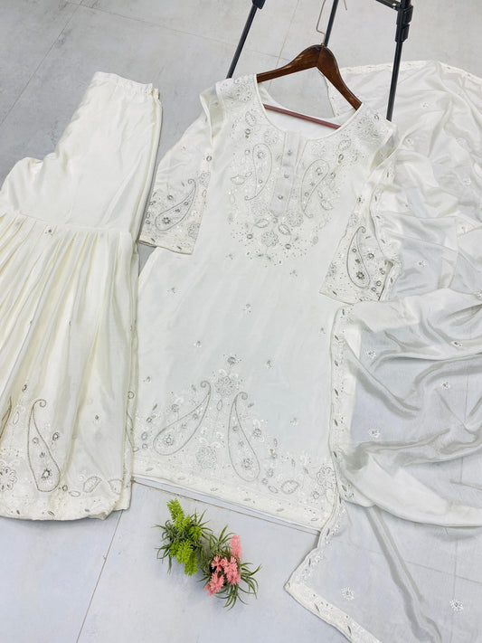White Color Embroidered Precious Sharara Suit