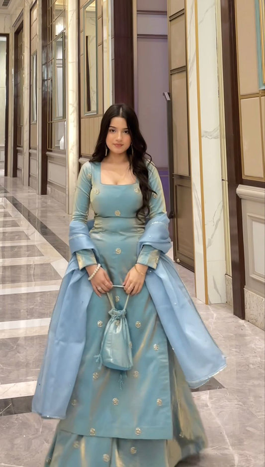 Daisy Sky Blue Silk With Sequence Work Palazzo Suit