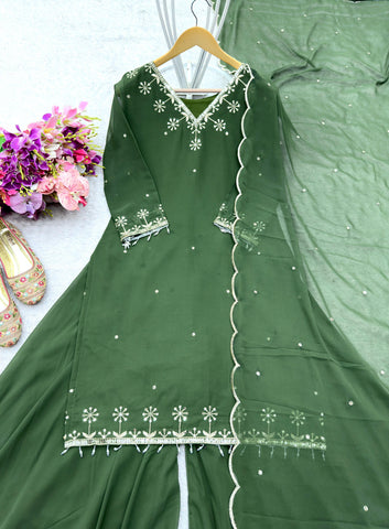 Captivating Green Color Embroidered Sharara Suit