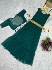 Wonderful Embroidery Work Mehndi Color Gown With Koti