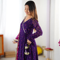 Lovely Blue Georgette Embroidery Work Gown