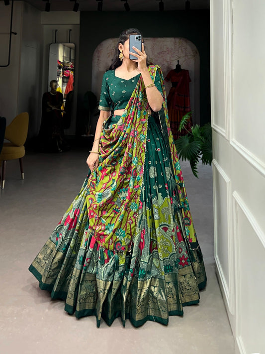 Festive Wear Kalamkari Print Green Color Festive Wear Lehenga Choli
