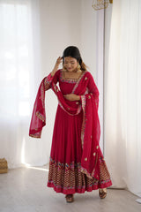 Captivating Red Georgette Embroidery Work Gown