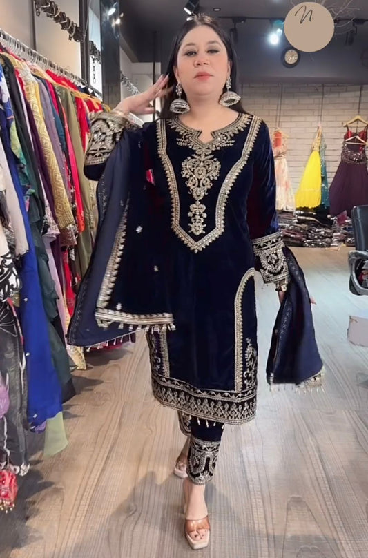 Delightful Blue Color Velvet Salwar Suit