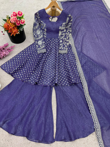 Stylish Purple Crunchy Silk Sequence Work Sharara Suit