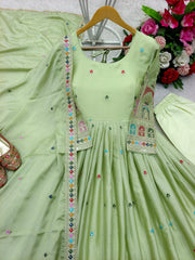 Stunning Embroidery Work Pista Color Anarkali Gown