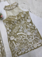Shining Embroidery Work Mehndi Color Palazzo Suit