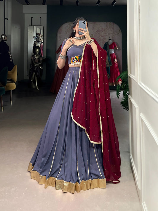 Designer Navratri Gamthi Work Gray Color Lehenga Choli