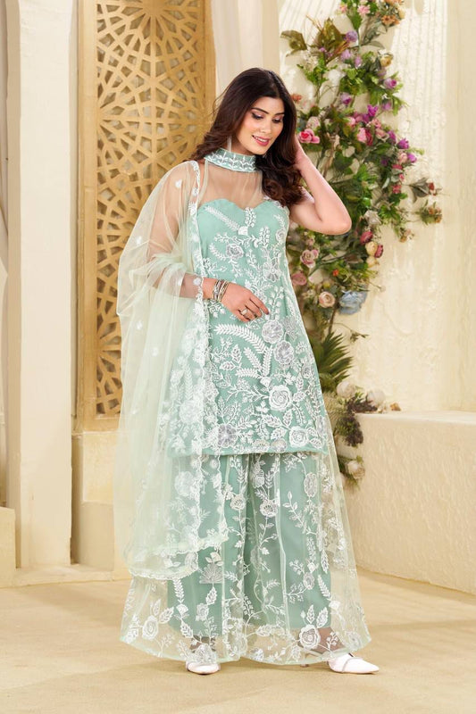 Shining Embroidery Work Sky Blue Color Palazzo Suit