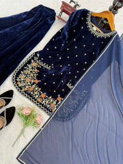 Stylish Blue Velvet with Sequence Work Plazo Suit