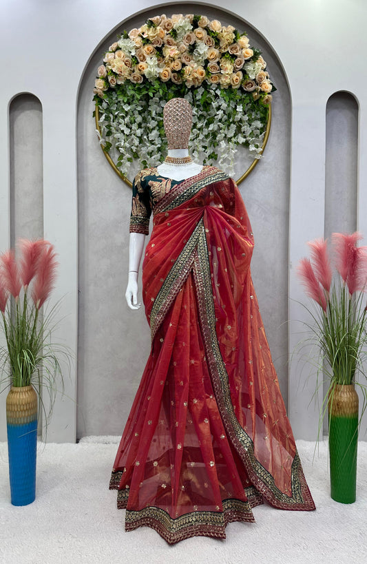 Marriage Special Twill Net Orange Color Saree