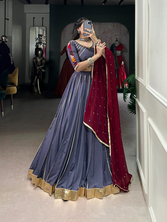 Designer Navratri Gamthi Work Gray Color Lehenga Choli
