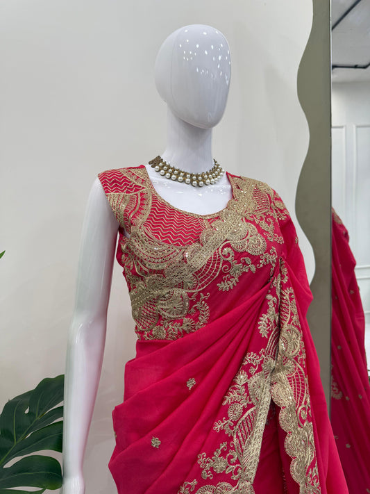 Red Sequence Work Vichitra Silk Saree