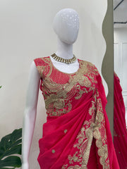 Red Sequence Work Vichitra Silk Saree