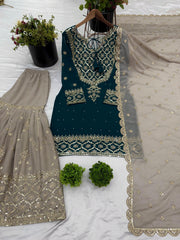 Precious Embroidery Sequence Work Teal Blue Color Sharara Suit