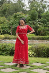 Fabulous Square Neck Design Red Color Zari Work Gown