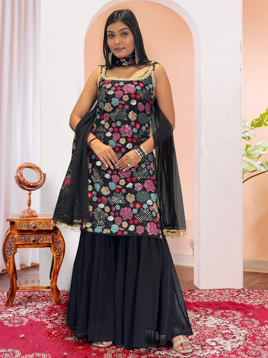 Pretty Black Georgette Sequence Work Sharara Suit