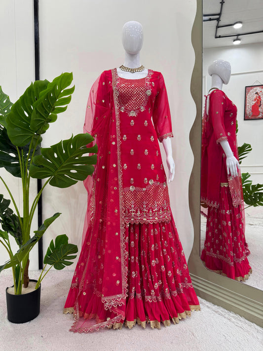 Glorious Red Georgette Thread Work Sharara Suit