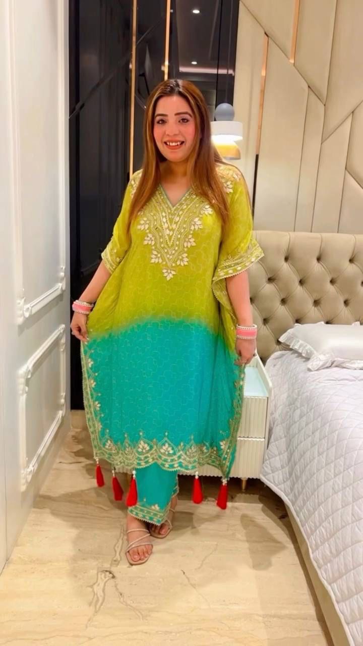 Beautiful Chinon Embroidered Work Lemon Multi Color Kaftani Dress