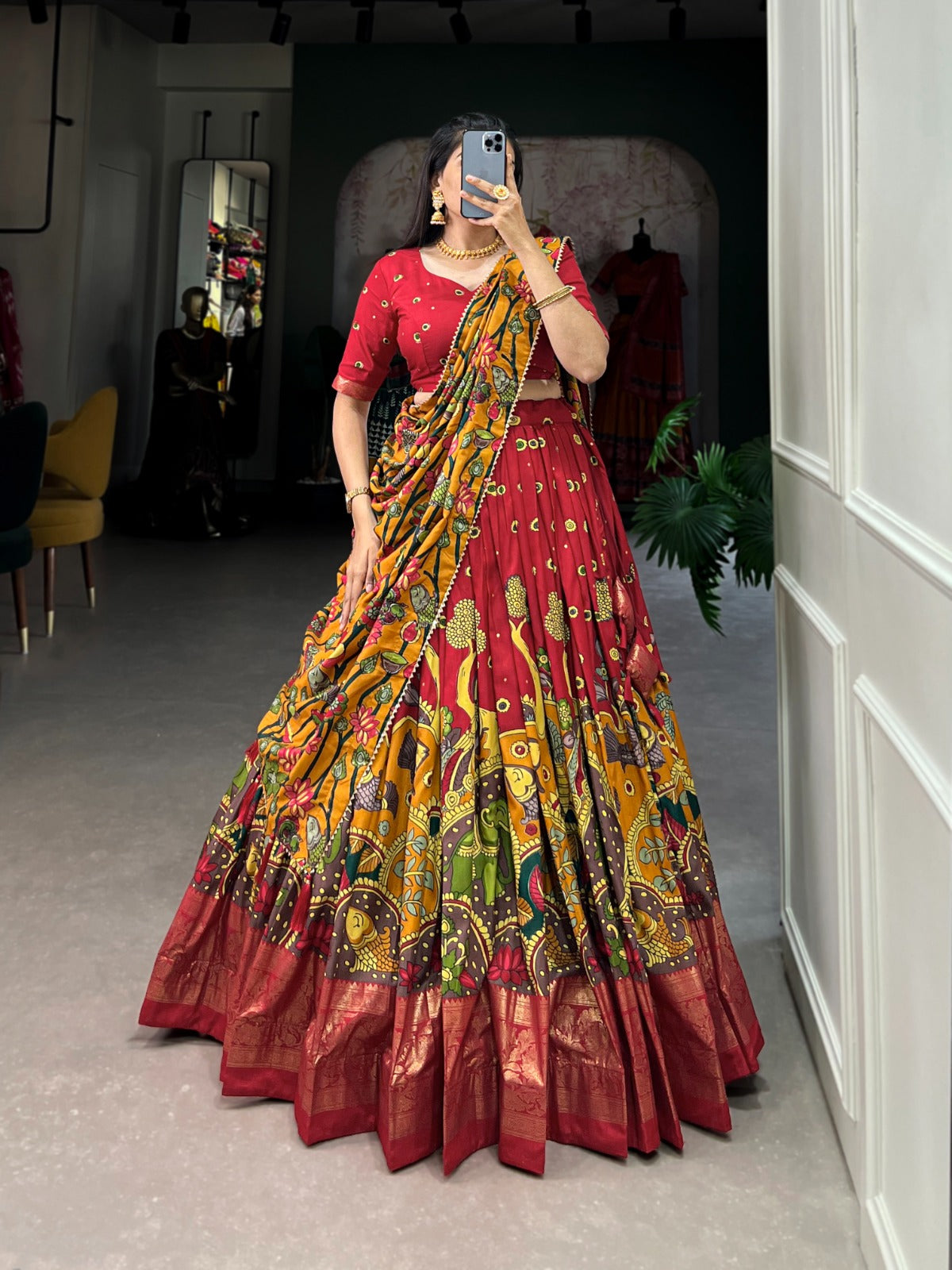 Festive Wear Kalamkari Print Red Color Festive Wear Lehenga Choli