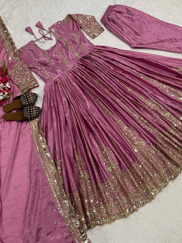 Lovely Onion Color Embroidery Work Anarkali Suit