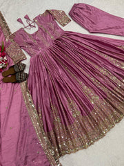 Lovely Onion Color Embroidery Work Anarkali Suit