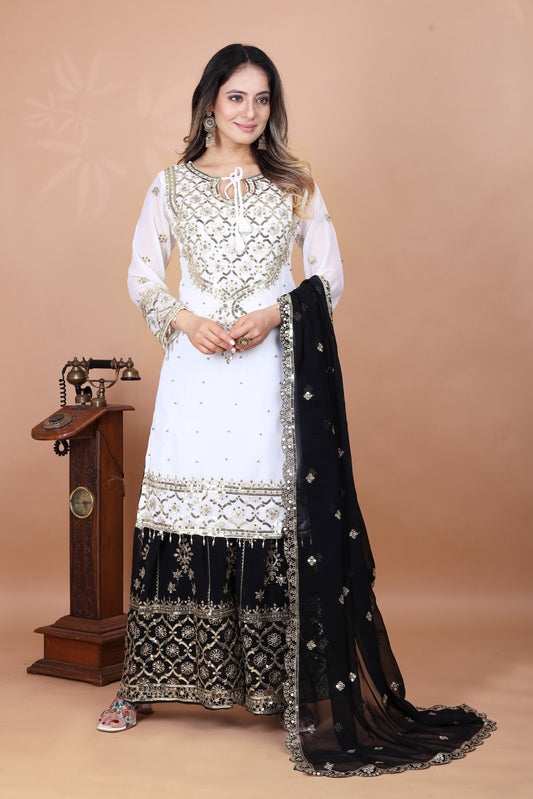 Exclusive Heavy Work White Color Suit Black Sharara