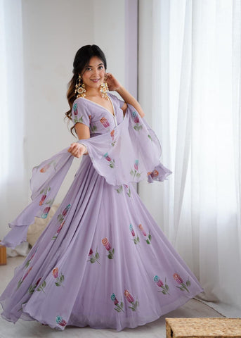 Lovely Lavender Georgette Hand Painted Lehenga