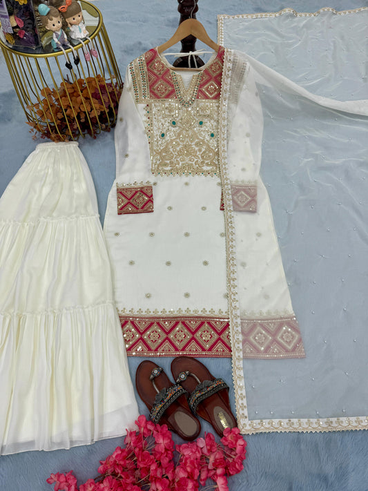Good Looking Sequence Work White Color Sharara Suit